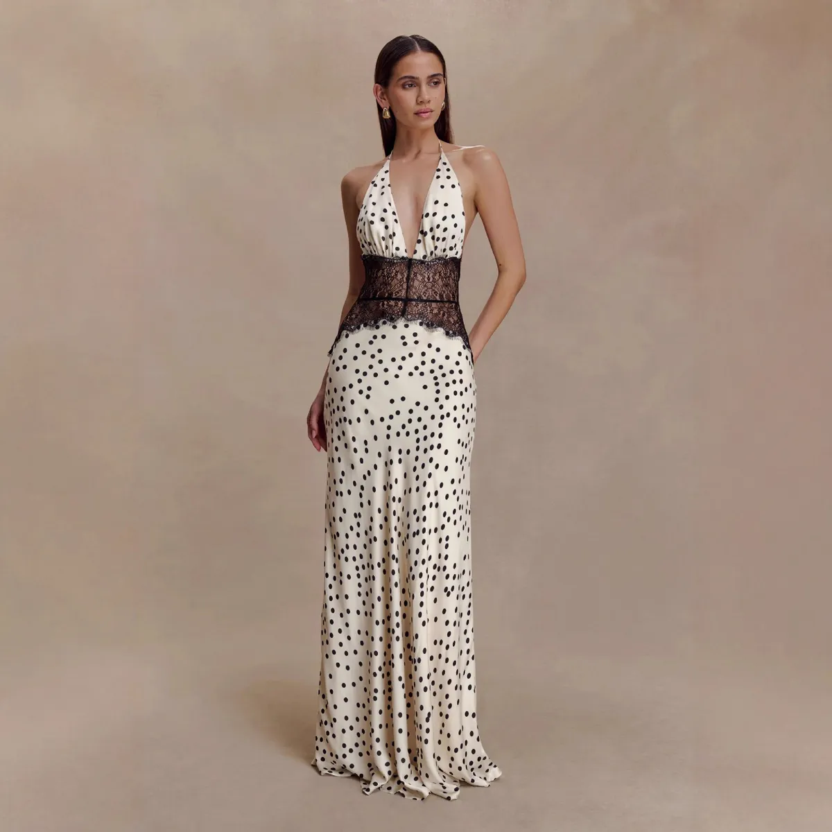 Women's Elegant Polka Dot Lace Maxi Dress, Sexy Backless Evening Gown, Slim Waist Party Dress for Ladies showcase 2
