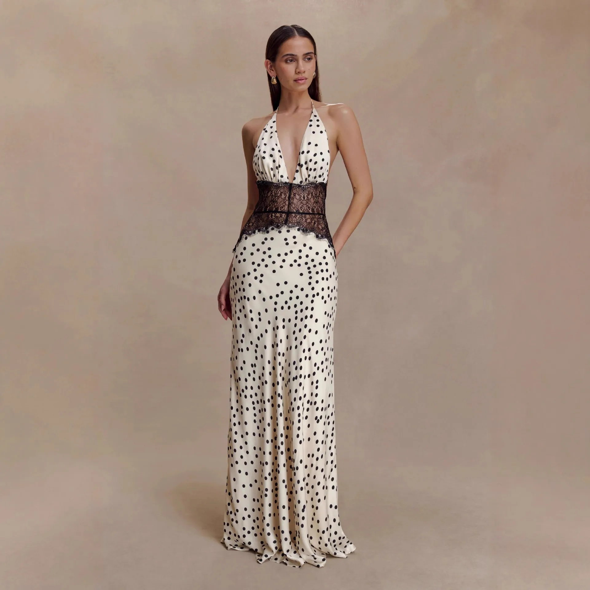 Women's Elegant Polka Dot Lace Maxi Dress, Sexy Backless Evening Gown, Slim Waist Party Dress for Ladies thumbnail 2