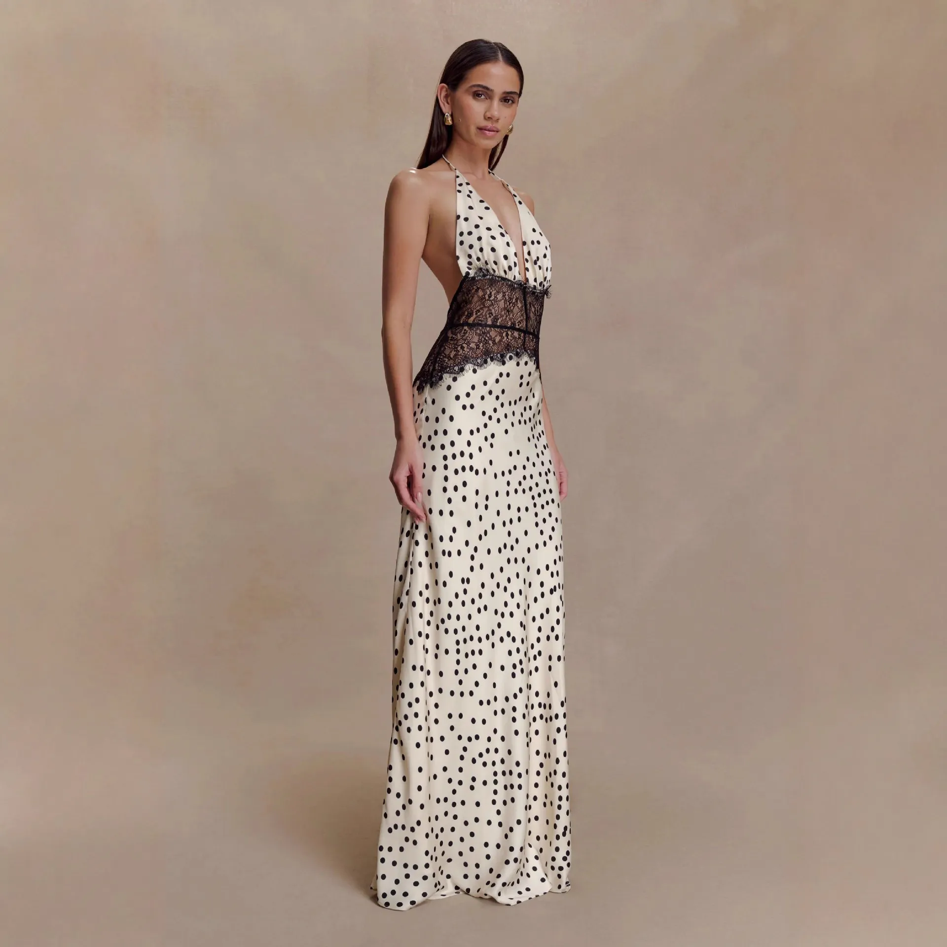 Women's Elegant Polka Dot Lace Maxi Dress, Sexy Backless Evening Gown, Slim Waist Party Dress for Ladies thumbnail 3