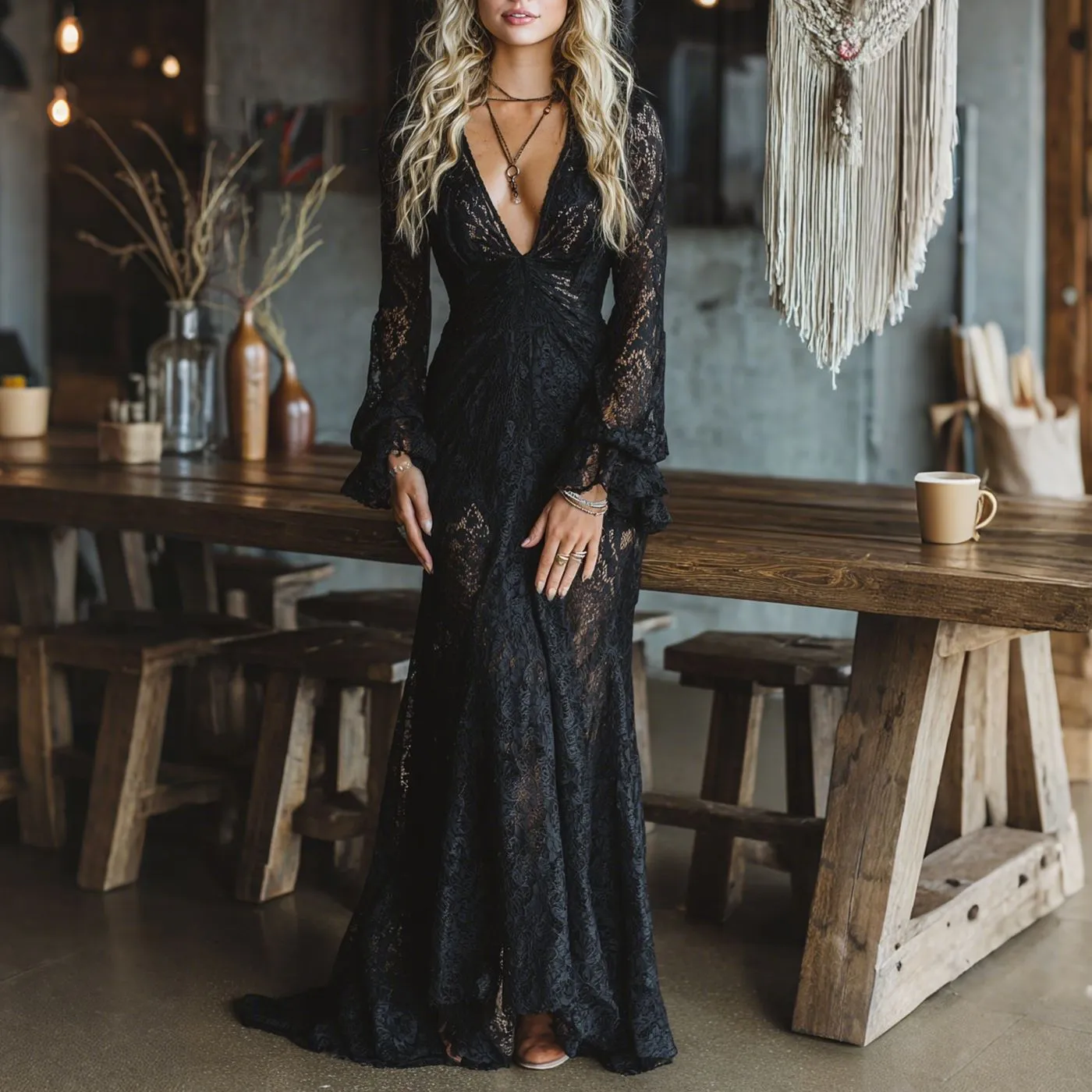 Women's Elegant Lace Long Dress - Square Neck Bell Sleeve Fashionable Spring Summer Autumn Party Dress for Ladies thumbnail 1