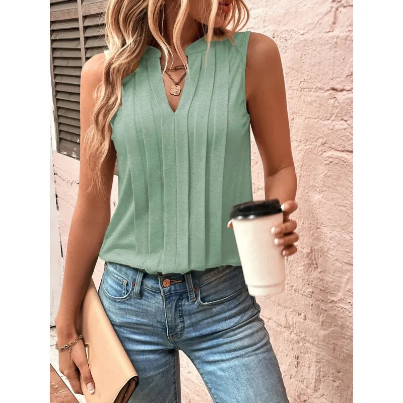 Elegant Pleated V-Neck Vest for Women - Fashionable Summer Top, European & American Style, Cross-Border Amazon Trend thumbnail 4