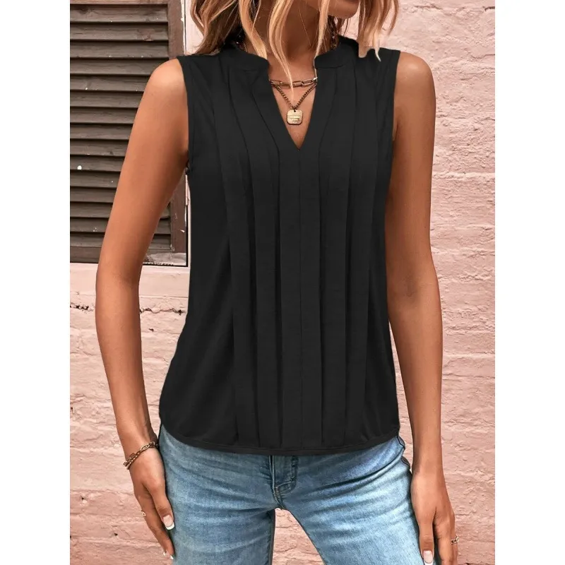 Elegant Pleated V-Neck Vest for Women - Fashionable Summer Top, European & American Style, Cross-Border Amazon Trend thumbnail 10