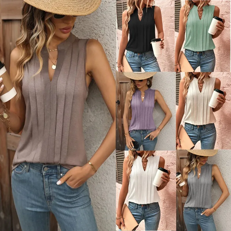 Elegant Pleated V-Neck Vest for Women - Fashionable Summer Top, European & American Style, Cross-Border Amazon Trend thumbnail 1