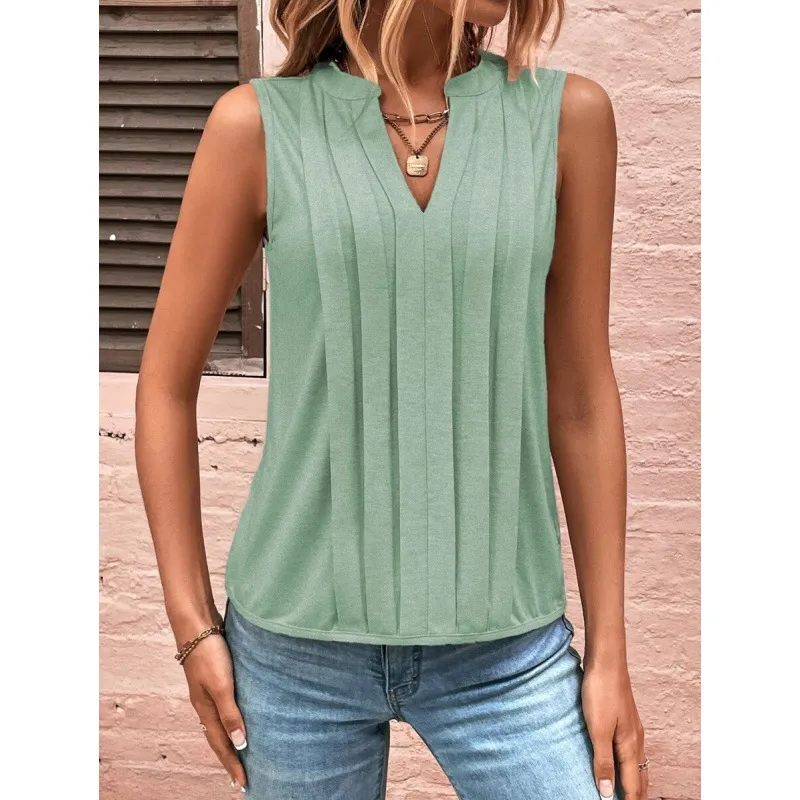 Elegant Pleated V-Neck Vest for Women - Fashionable Summer Top, European & American Style, Cross-Border Amazon Trend thumbnail 7