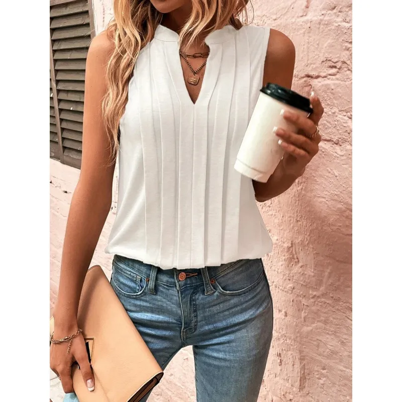 Elegant Pleated V-Neck Vest for Women - Fashionable Summer Top, European & American Style, Cross-Border Amazon Trend thumbnail 3