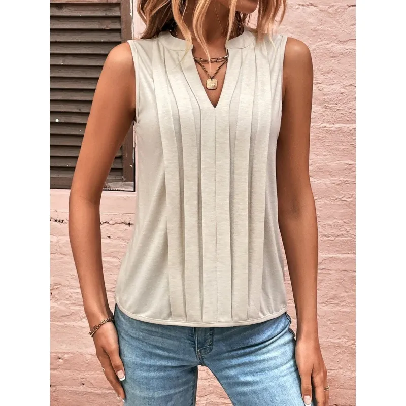 Elegant Pleated V-Neck Vest for Women - Fashionable Summer Top, European & American Style, Cross-Border Amazon Trend thumbnail 9