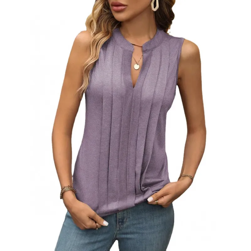 Elegant Pleated V-Neck Vest for Women - Fashionable Summer Top, European & American Style, Cross-Border Amazon Trend thumbnail 5