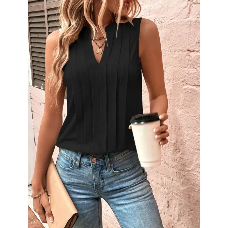 Elegant Pleated V-Neck Vest for Women - Fashionable Summer Top, European & American Style, Cross-Border Amazon Trend thumbnail 2