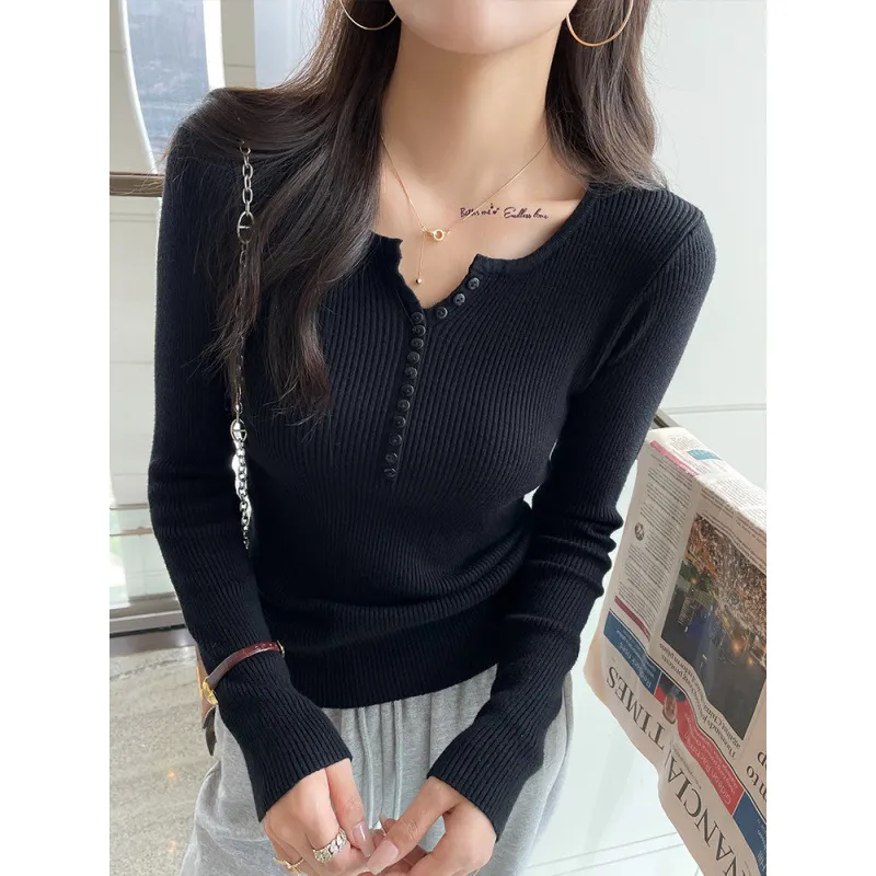 Women's Knitted Bottoming Shirt - Stylish Thin Gray Collar Top, Slim Fit Early Autumn Sweater 2025 - Casual Long Sleeve Pullover thumbnail 8