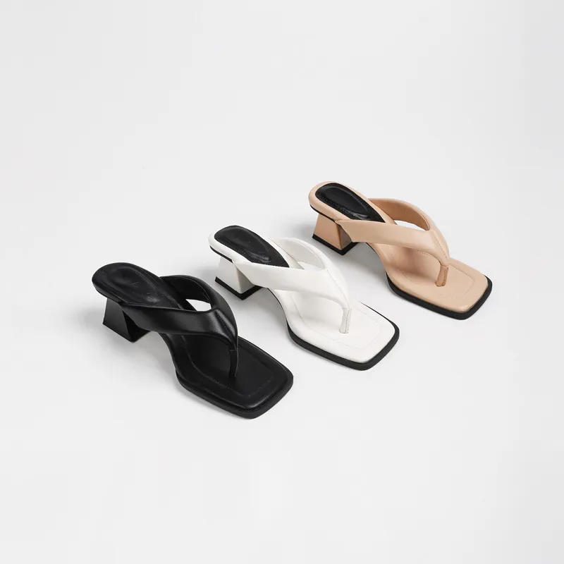 Women's Square Toe Thong Sandals - 2025 Summer Fashion High Heel Slip-Ons - Niche Lazy Style Herringbone Design Outerwear thumbnail 1