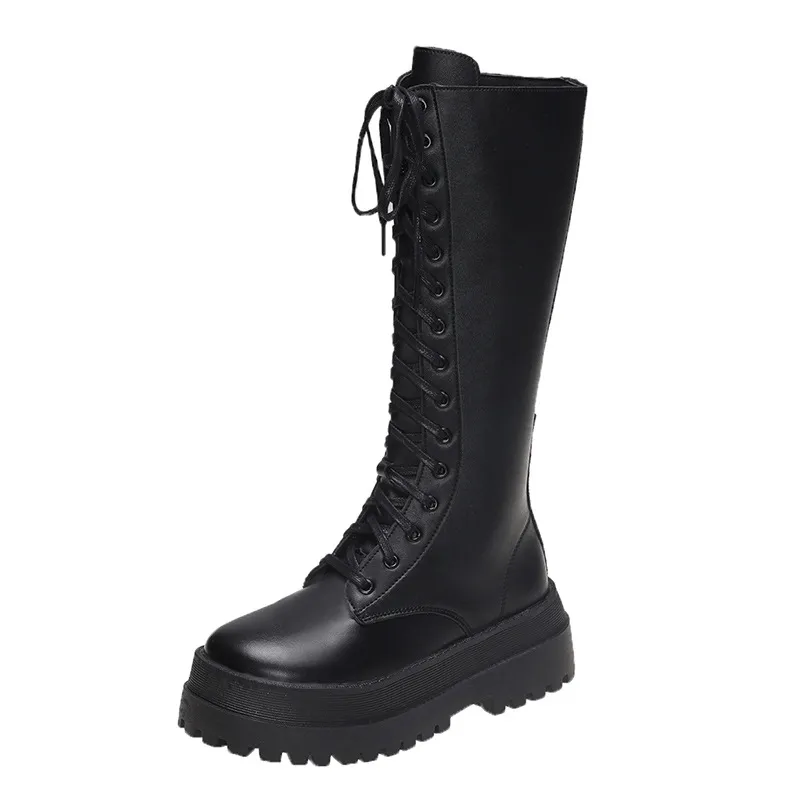 Women's Knee High Boots 2023 Autumn British Style Lace-Up Slimming Knight Boots Thick Sole Martin Boots Fashion Riding Boots for Women thumbnail 5