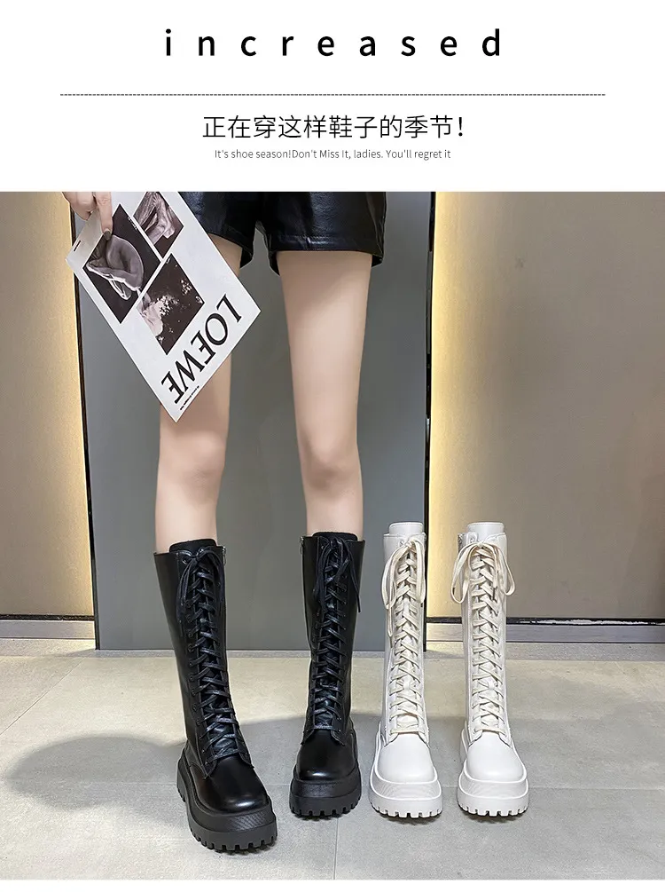 Women's Knee High Boots 2023 Autumn British Style Lace-Up Slimming Knight Boots Thick Sole Martin Boots Fashion Riding Boots for Women showcase 4