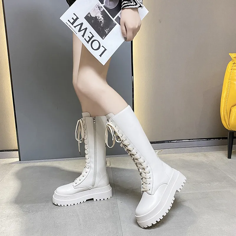 Women's Knee High Boots 2023 Autumn British Style Lace-Up Slimming Knight Boots Thick Sole Martin Boots Fashion Riding Boots for Women thumbnail 4