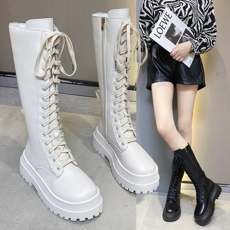 Women's Knee High Boots 2023 Autumn British Style Lace-Up Slimming Knight Boots Thick Sole Martin Boots Fashion Riding Boots for Women thumbnail 2