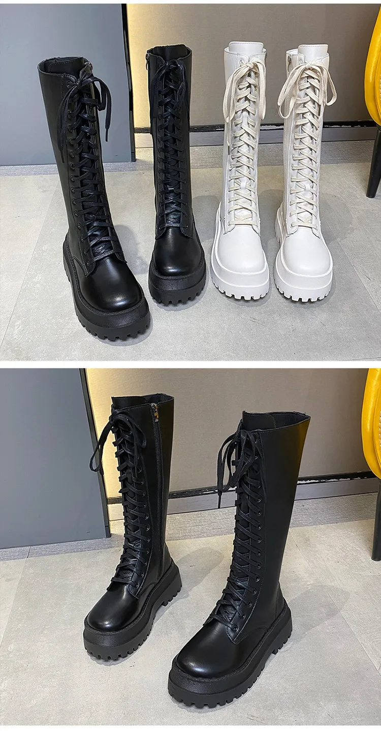 Women's Knee High Boots 2023 Autumn British Style Lace-Up Slimming Knight Boots Thick Sole Martin Boots Fashion Riding Boots for Women showcase 11