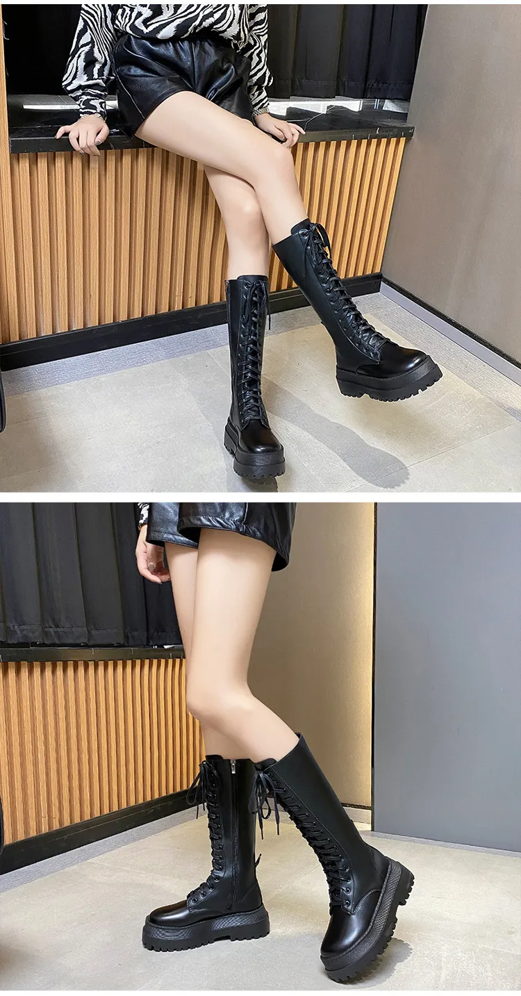 Women's Knee High Boots 2023 Autumn British Style Lace-Up Slimming Knight Boots Thick Sole Martin Boots Fashion Riding Boots for Women showcase 10