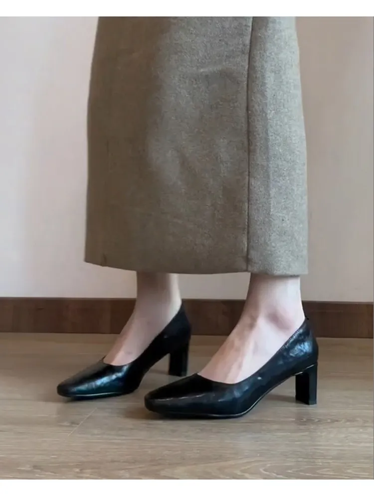 Women's Pleated Retro High Heels - Square Toe Chunky Heel Slip-On Leather Shoes for Professional Commuting & Formal Occasions showcase 10