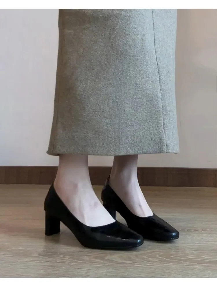 Women's Pleated Retro High Heels - Square Toe Chunky Heel Slip-On Leather Shoes for Professional Commuting & Formal Occasions showcase 9