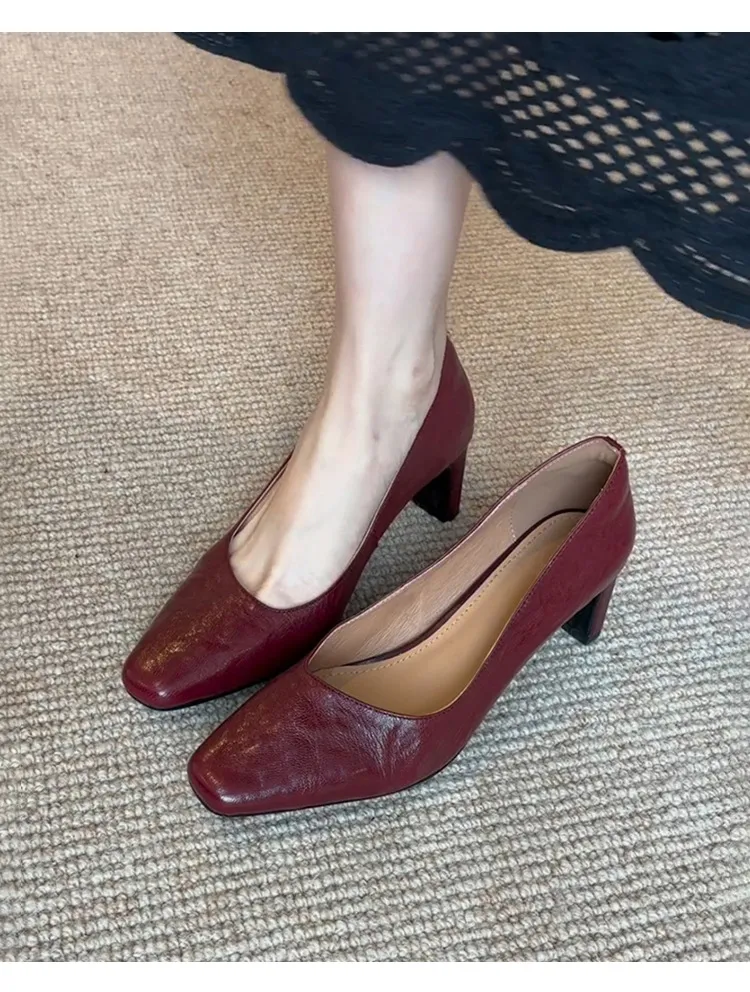 Women's Pleated Retro High Heels - Square Toe Chunky Heel Slip-On Leather Shoes for Professional Commuting & Formal Occasions showcase 5