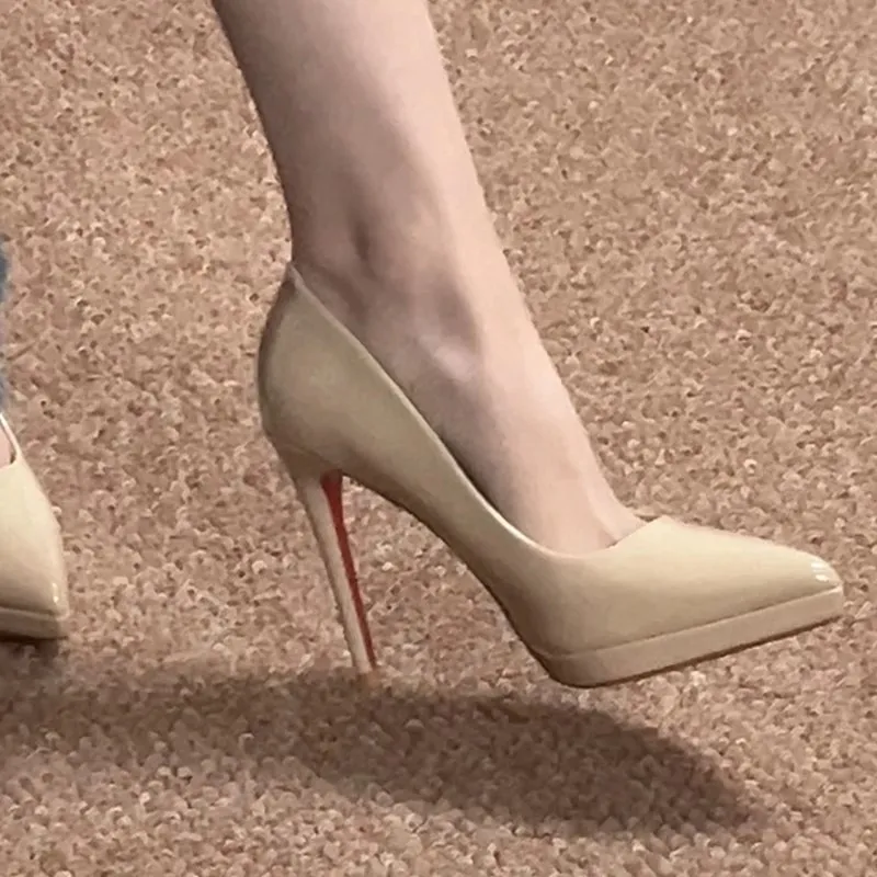 Women's Nude High Heels - Soft Leather Stiletto Pumps with Waterproof Platform, Pointed Toe, Red Bottom, Patent Leather, Sexy Party Shoes - 2024 Fashion thumbnail 1