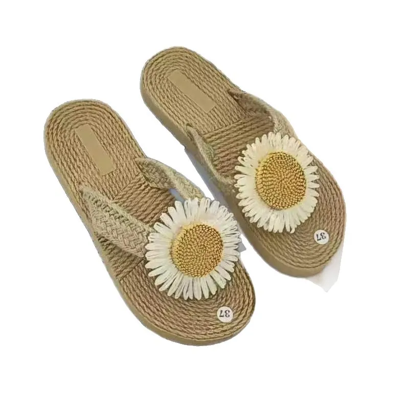 Women's Ethnic Style Espadrille Sandals - Imitation Straw Travel Flip-Flops with Fashionable Beach Flower Design - Comfortable Outdoor Wear thumbnail 5