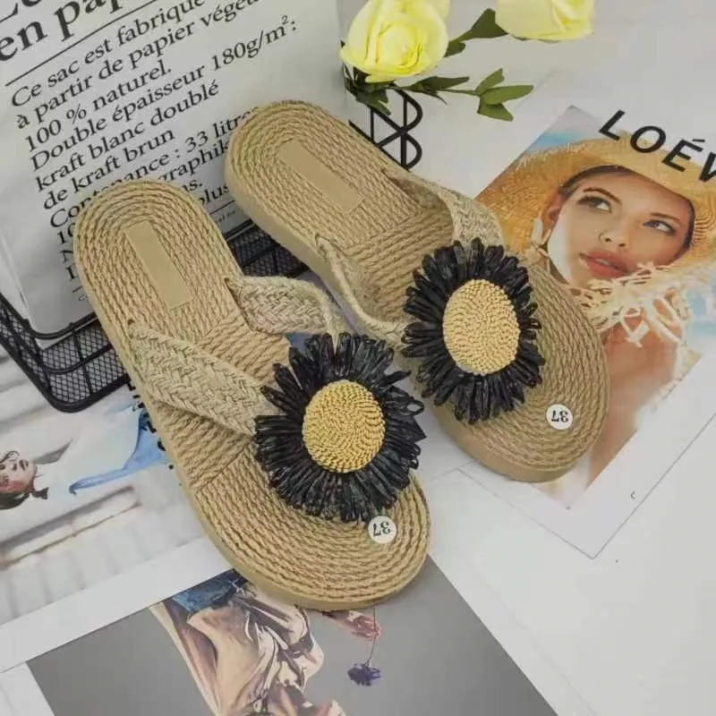 Women's Ethnic Style Espadrille Sandals - Imitation Straw Travel Flip-Flops with Fashionable Beach Flower Design - Comfortable Outdoor Wear thumbnail 6