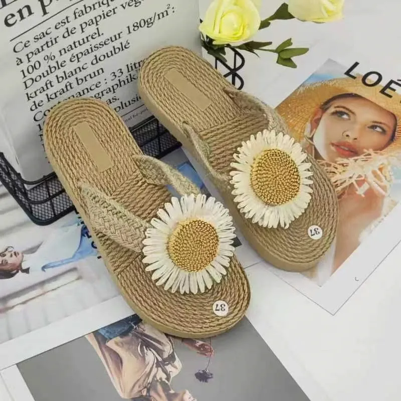 Women's Ethnic Style Espadrille Sandals - Imitation Straw Travel Flip-Flops with Fashionable Beach Flower Design - Comfortable Outdoor Wear thumbnail 7