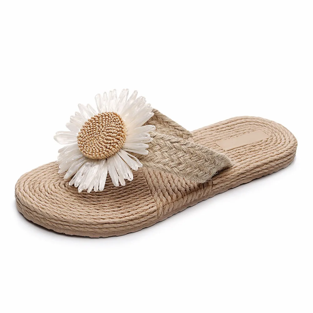 Women's Ethnic Style Espadrille Sandals - Imitation Straw Travel Flip-Flops with Fashionable Beach Flower Design - Comfortable Outdoor Wear showcase 10