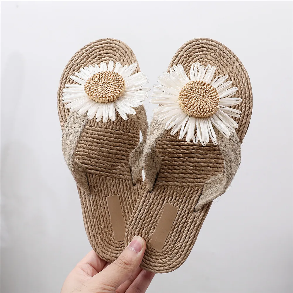 Women's Ethnic Style Espadrille Sandals - Imitation Straw Travel Flip-Flops with Fashionable Beach Flower Design - Comfortable Outdoor Wear showcase 6