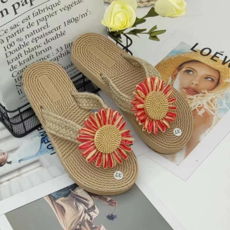 Women's Ethnic Style Espadrille Sandals - Imitation Straw Travel Flip-Flops with Fashionable Beach Flower Design - Comfortable Outdoor Wear thumbnail 9