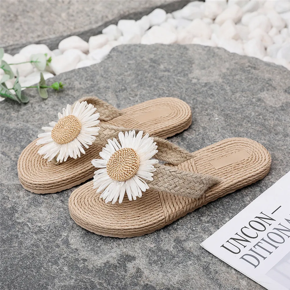 Women's Ethnic Style Espadrille Sandals - Imitation Straw Travel Flip-Flops with Fashionable Beach Flower Design - Comfortable Outdoor Wear showcase 1