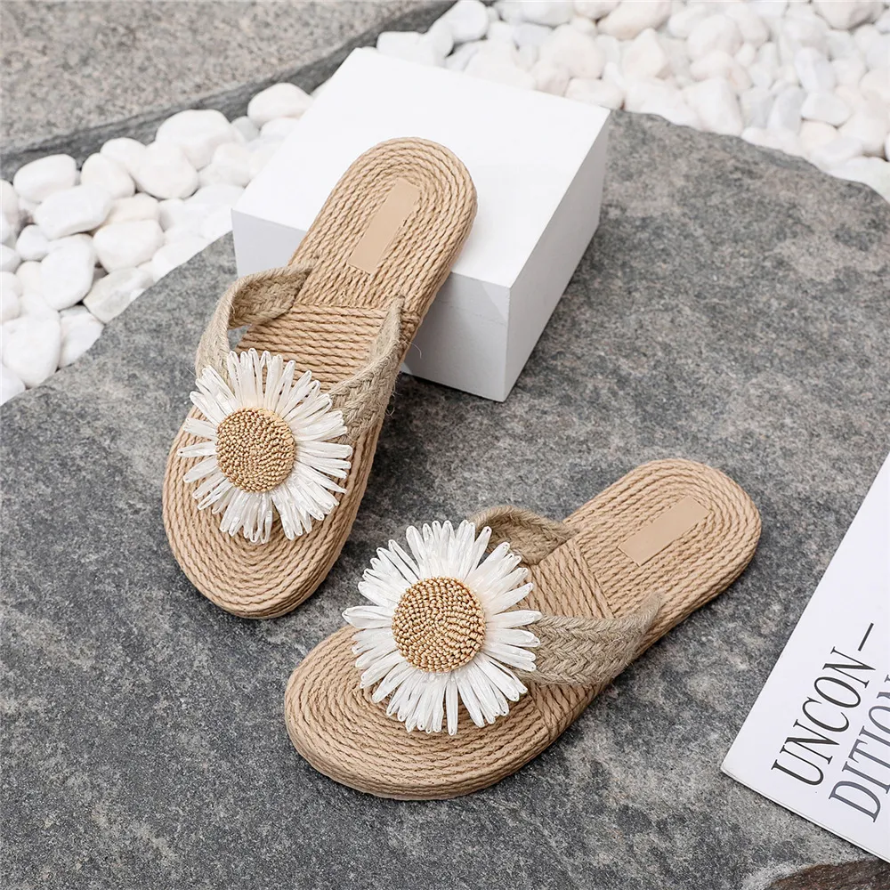 Women's Ethnic Style Espadrille Sandals - Imitation Straw Travel Flip-Flops with Fashionable Beach Flower Design - Comfortable Outdoor Wear showcase 3
