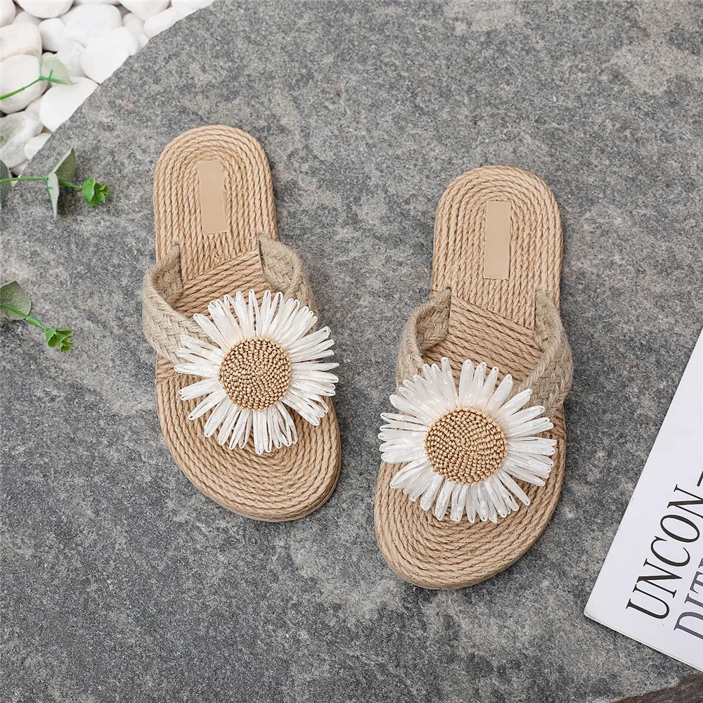Women's Ethnic Style Espadrille Sandals - Imitation Straw Travel Flip-Flops with Fashionable Beach Flower Design - Comfortable Outdoor Wear showcase 4