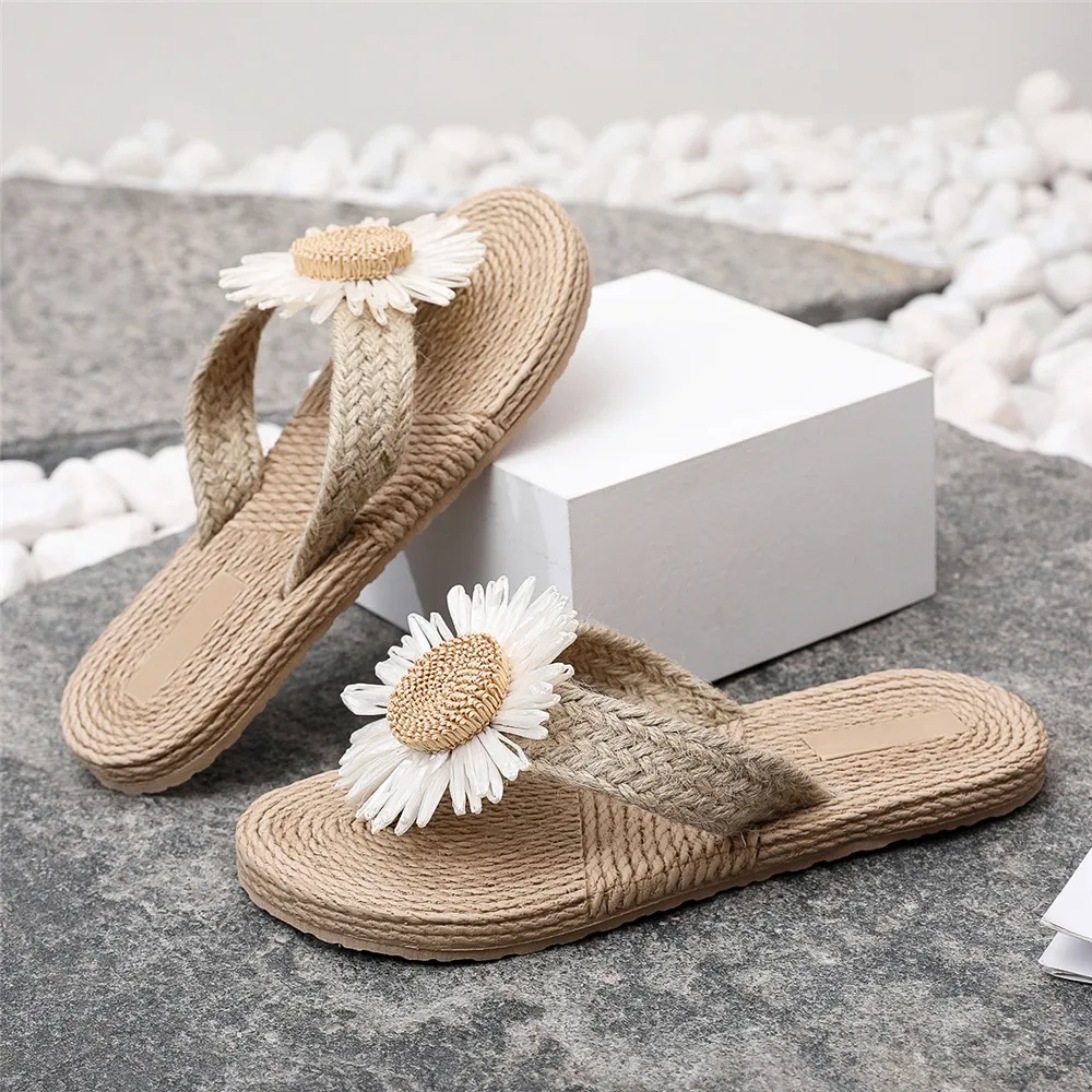 Women's Ethnic Style Espadrille Sandals - Imitation Straw Travel Flip-Flops with Fashionable Beach Flower Design - Comfortable Outdoor Wear showcase 2