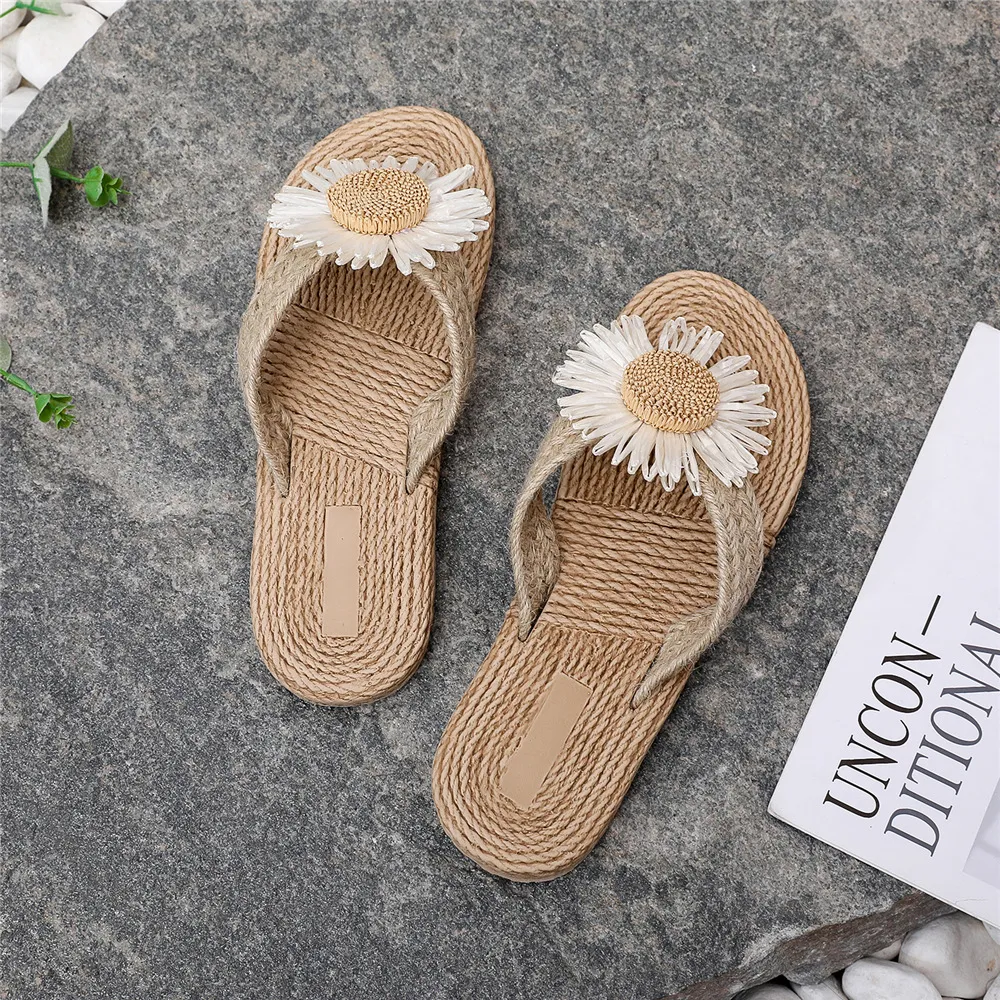 Women's Ethnic Style Espadrille Sandals - Imitation Straw Travel Flip-Flops with Fashionable Beach Flower Design - Comfortable Outdoor Wear showcase 5