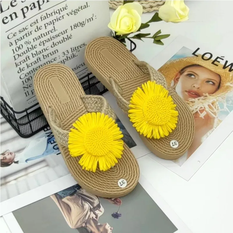 Women's Ethnic Style Espadrille Sandals - Imitation Straw Travel Flip-Flops with Fashionable Beach Flower Design - Comfortable Outdoor Wear thumbnail 10