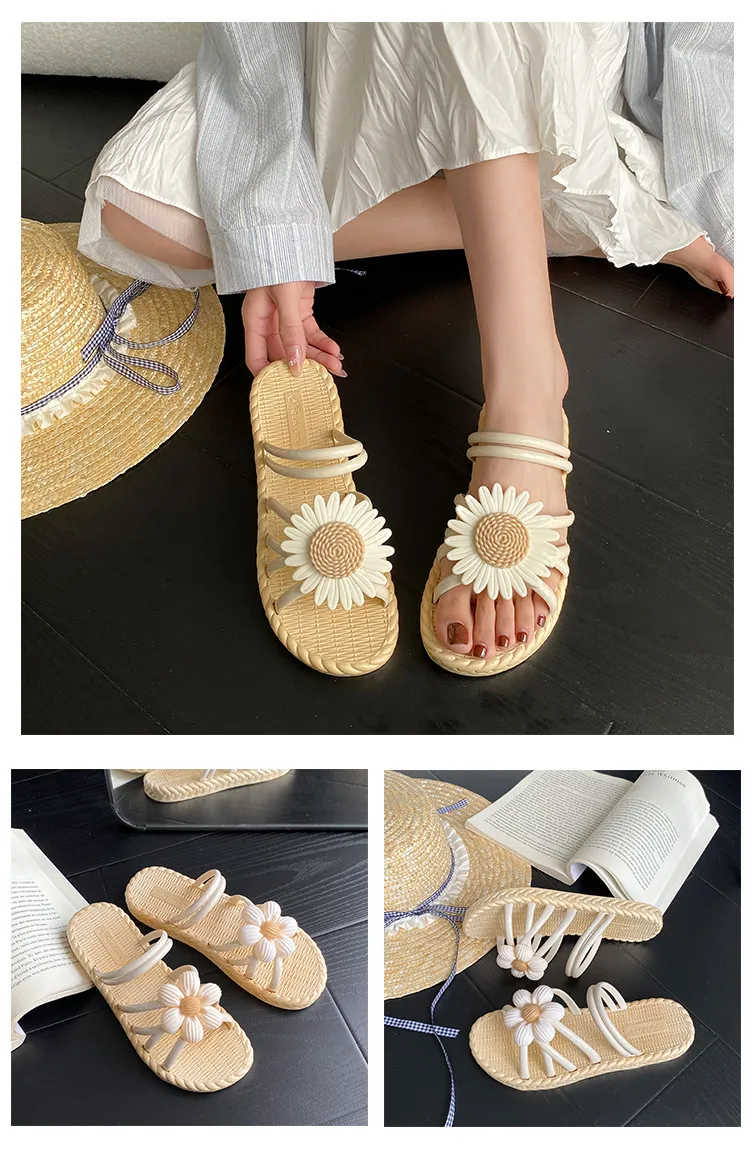Women's Fashion Straw Slippers Summer Beach Flip-Flops Ethnic Roman Style Two-Wear Sandals - Comfortable and Stylish Flower Design showcase 6