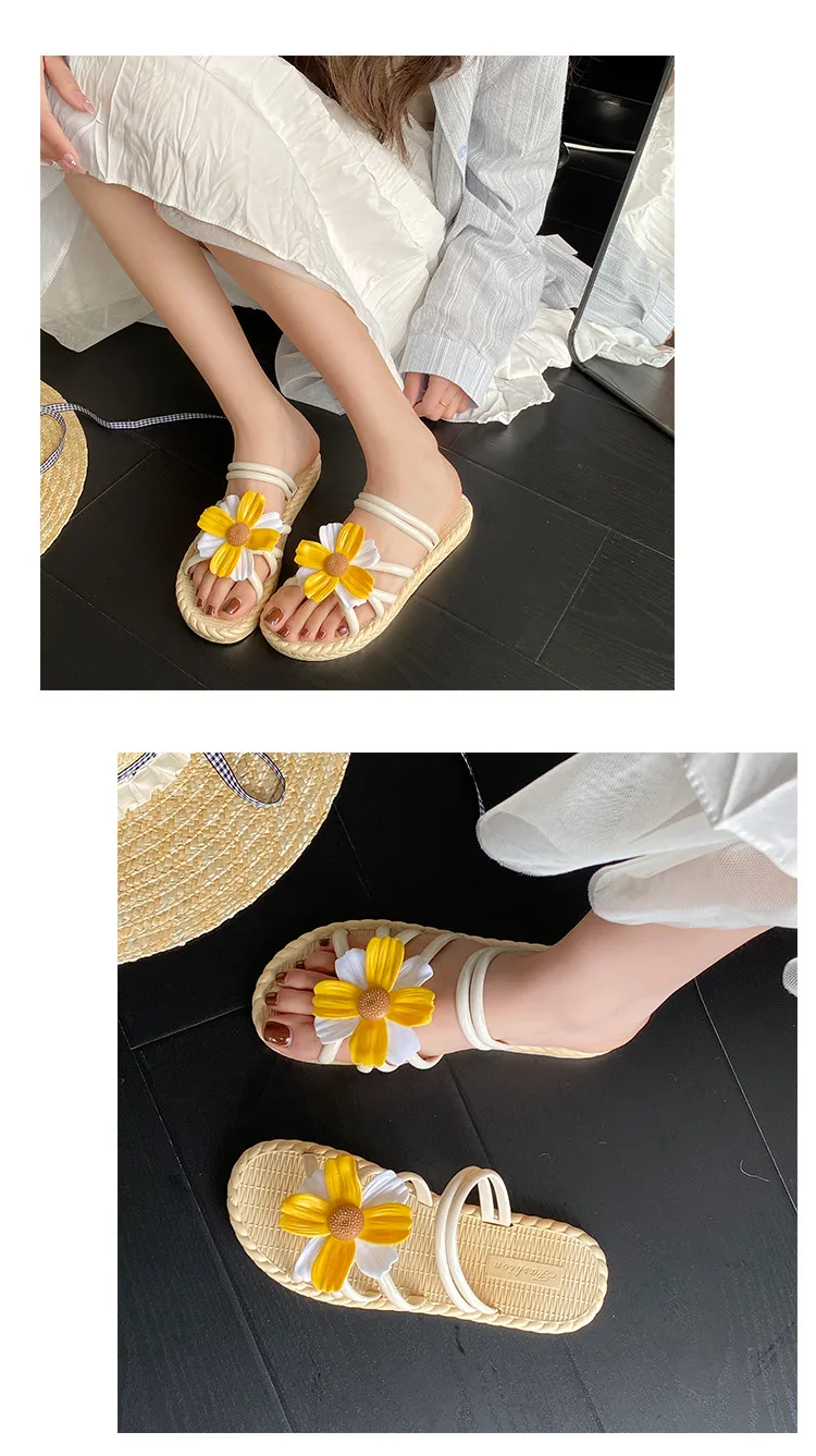 Women's Fashion Straw Slippers Summer Beach Flip-Flops Ethnic Roman Style Two-Wear Sandals - Comfortable and Stylish Flower Design showcase 7