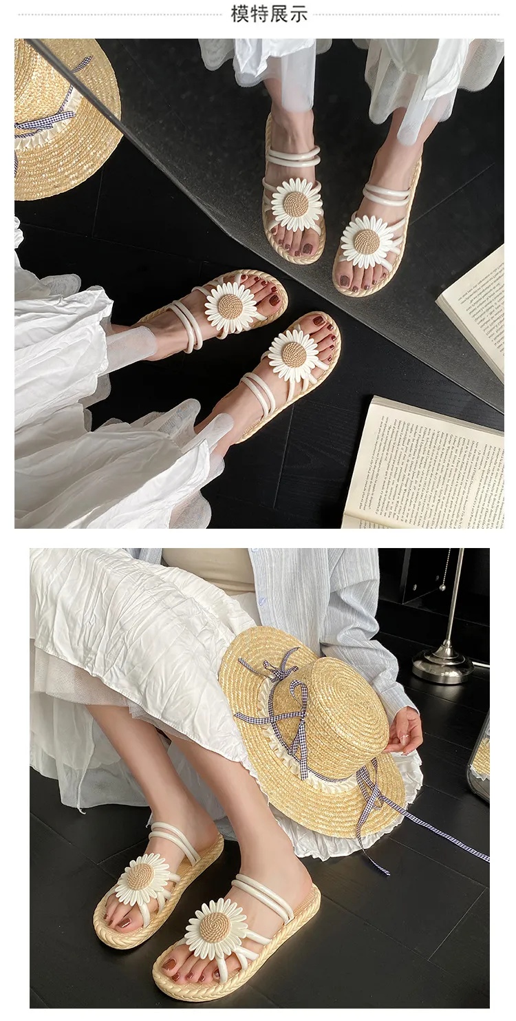 Women's Fashion Straw Slippers Summer Beach Flip-Flops Ethnic Roman Style Two-Wear Sandals - Comfortable and Stylish Flower Design showcase 4