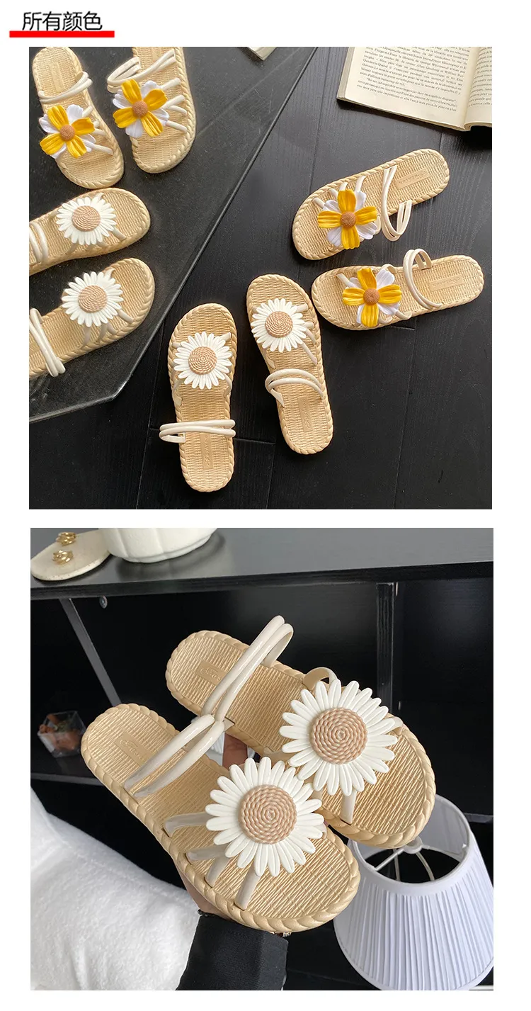 Women's Fashion Straw Slippers Summer Beach Flip-Flops Ethnic Roman Style Two-Wear Sandals - Comfortable and Stylish Flower Design showcase 13