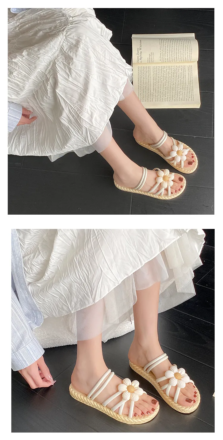 Women's Fashion Straw Slippers Summer Beach Flip-Flops Ethnic Roman Style Two-Wear Sandals - Comfortable and Stylish Flower Design showcase 10