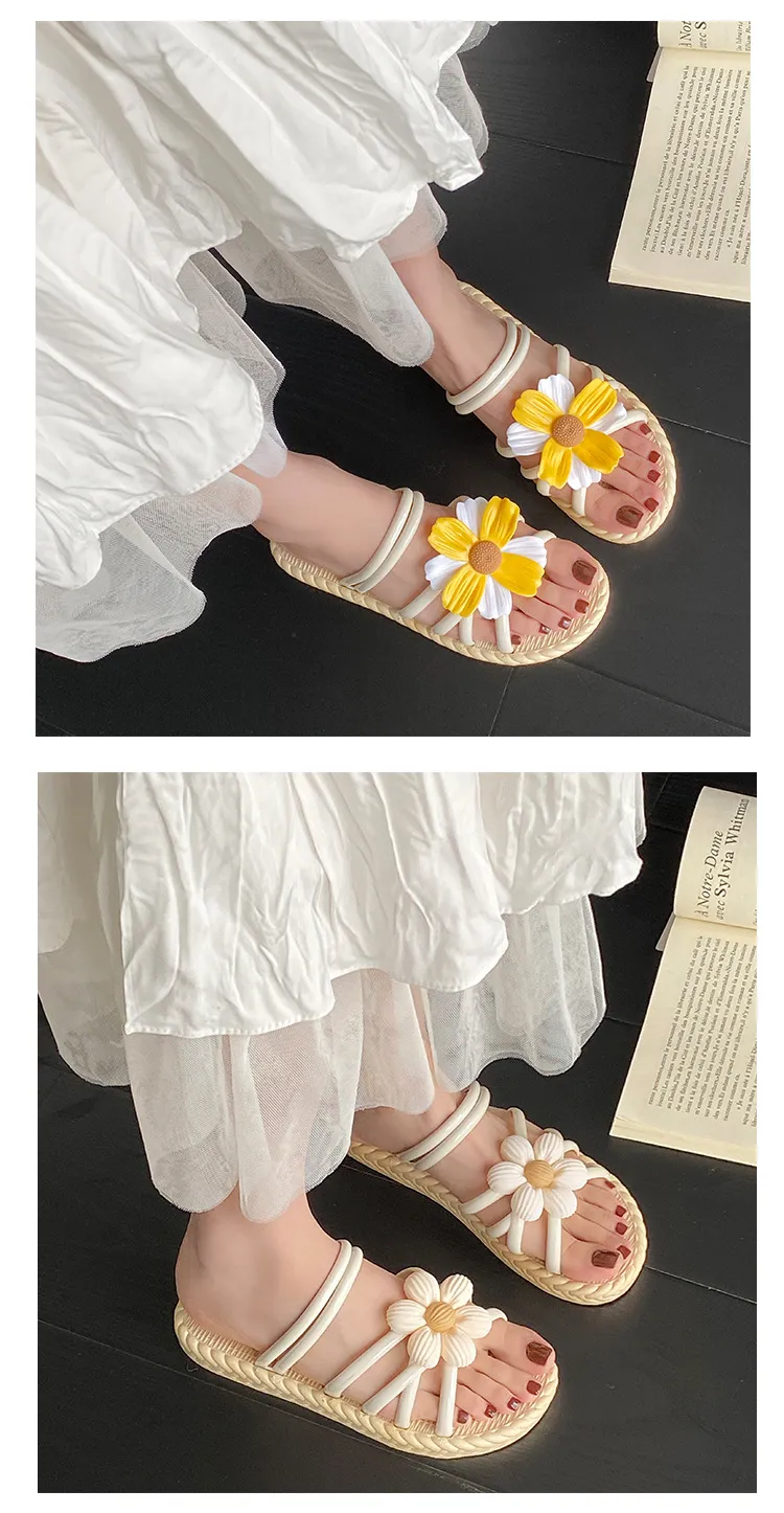 Women's Fashion Straw Slippers Summer Beach Flip-Flops Ethnic Roman Style Two-Wear Sandals - Comfortable and Stylish Flower Design showcase 9