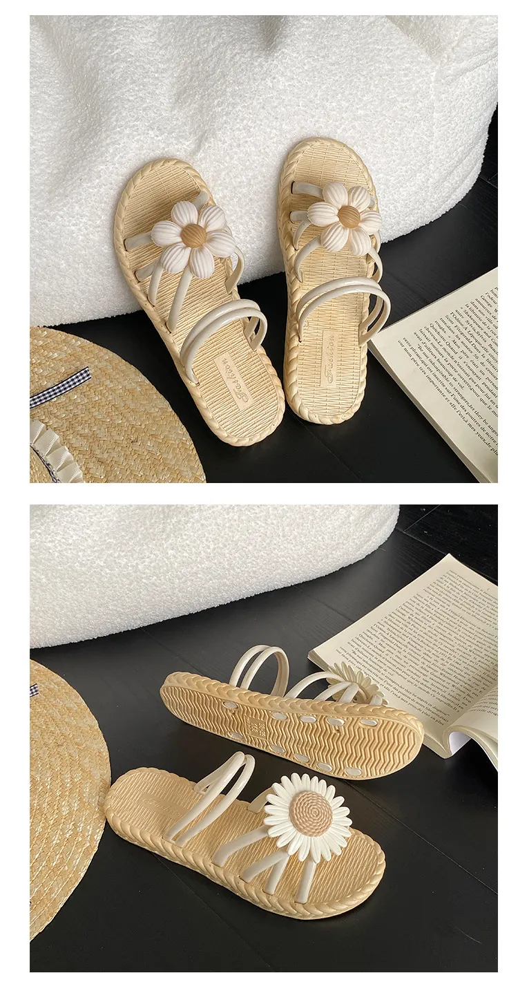Women's Fashion Straw Slippers Summer Beach Flip-Flops Ethnic Roman Style Two-Wear Sandals - Comfortable and Stylish Flower Design showcase 12