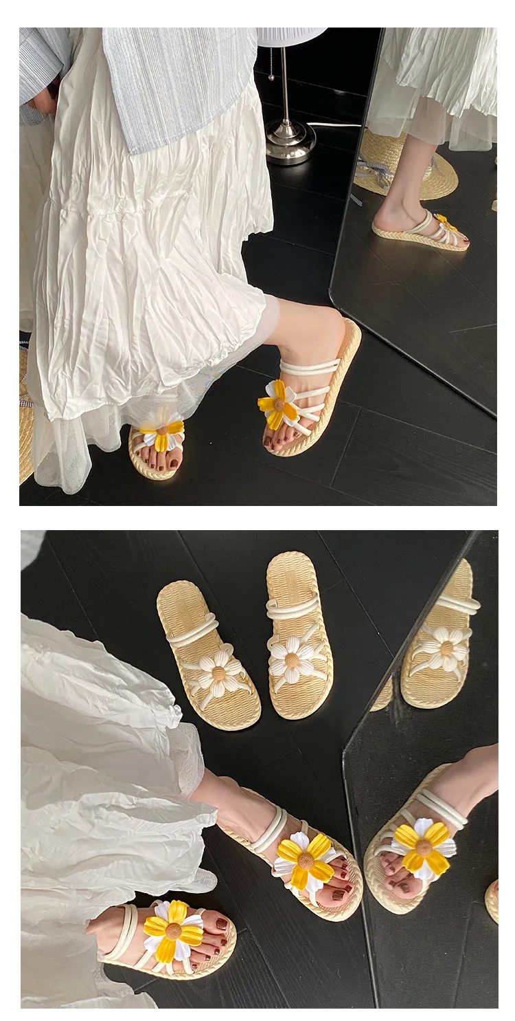 Women's Fashion Straw Slippers Summer Beach Flip-Flops Ethnic Roman Style Two-Wear Sandals - Comfortable and Stylish Flower Design showcase 8