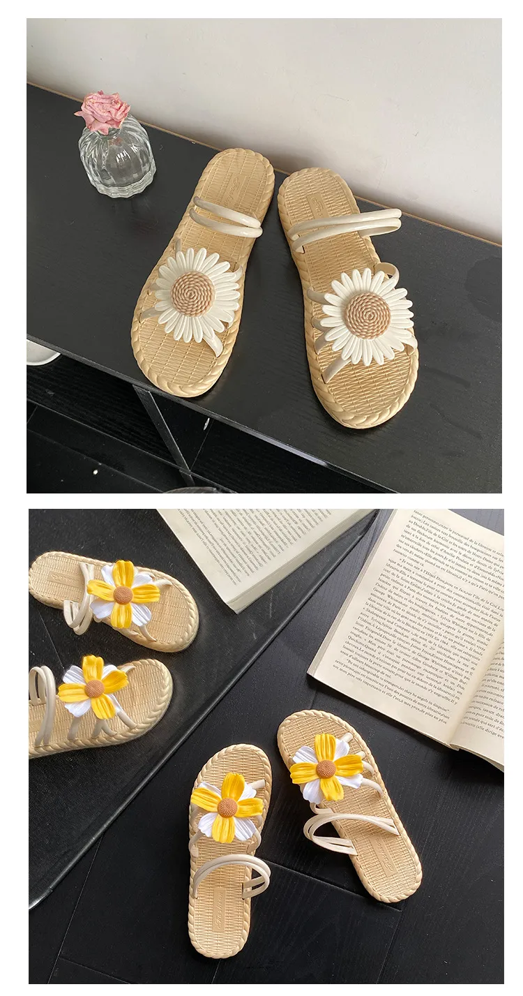 Women's Fashion Straw Slippers Summer Beach Flip-Flops Ethnic Roman Style Two-Wear Sandals - Comfortable and Stylish Flower Design showcase 14