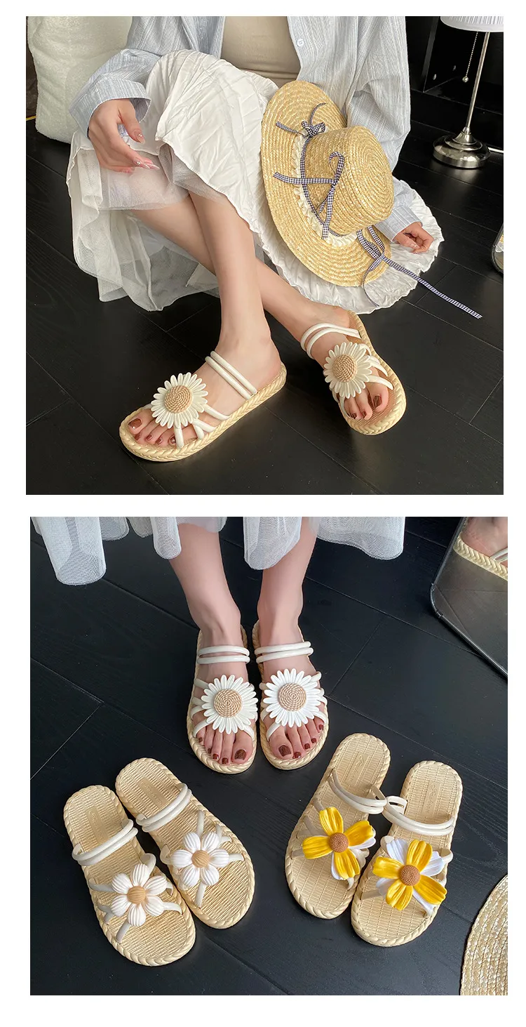 Women's Fashion Straw Slippers Summer Beach Flip-Flops Ethnic Roman Style Two-Wear Sandals - Comfortable and Stylish Flower Design showcase 5