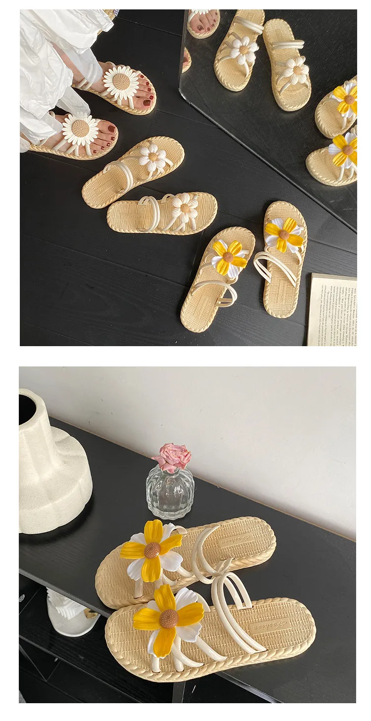 Women's Fashion Straw Slippers Summer Beach Flip-Flops Ethnic Roman Style Two-Wear Sandals - Comfortable and Stylish Flower Design showcase 15