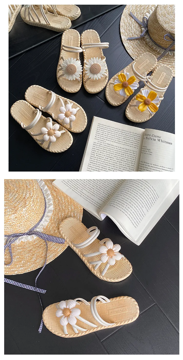 Women's Fashion Straw Slippers Summer Beach Flip-Flops Ethnic Roman Style Two-Wear Sandals - Comfortable and Stylish Flower Design showcase 11