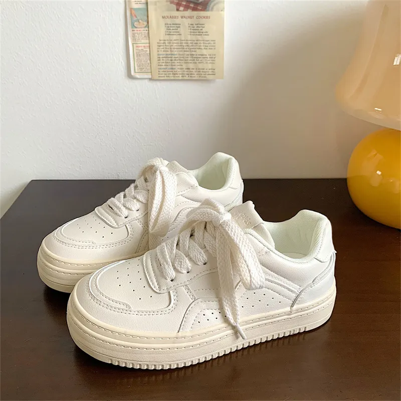 Women's White Sneakers 2024 Spring Fashion Casual Sports Shoes Retro Thick Sole Height Increasing Versatile Student Sneakers Comfortable Walking Shoes showcase 2