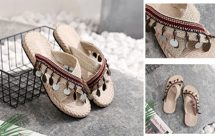 Women's Bohemian Tassel Wedge Heel Slippers - Handmade Ethnic Style Summer Beach Shoes - Comfortable Outdoor Fashion Footwear showcase 18